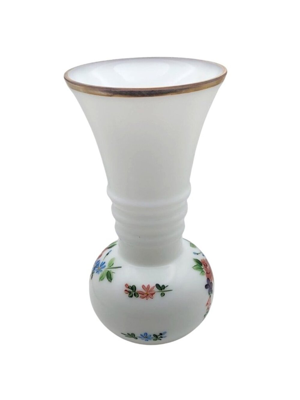 Milk Glass Ball Vase Hand Painted Floral Ribbed Gold Trim Vintage Cottagecore - Picture 6 of 7